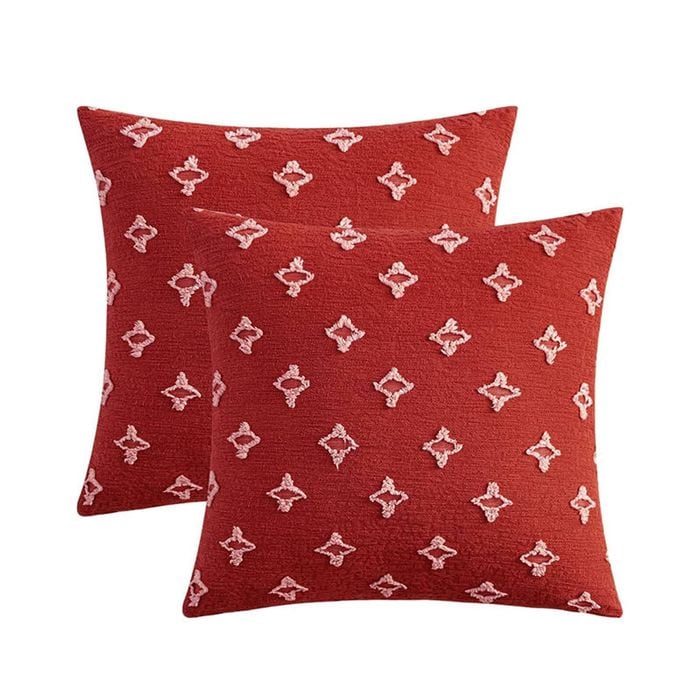 Catzon 2 Pcs Rhombic Jacquard Pillowcases Soft Square Cushion Cover for Couch-Red
