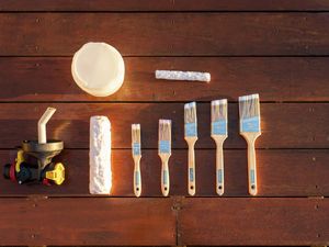 : Paint brushes, rollers and a spray gun arranged for cleaning