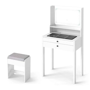 Costway Vanity Desk Set Makeup Table Stool Tempered Glass White