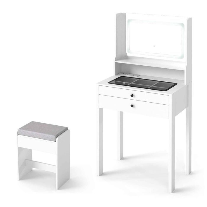 Costway Vanity Desk Set Makeup Table Stool Tempered Glass White