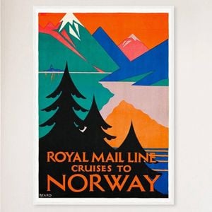 Galrie Royal Mail Line Vintage Cruise Poster to Norway Timeless Travel Art for Home, White Frame, A1 60 x 84cm (23 x 33inch)