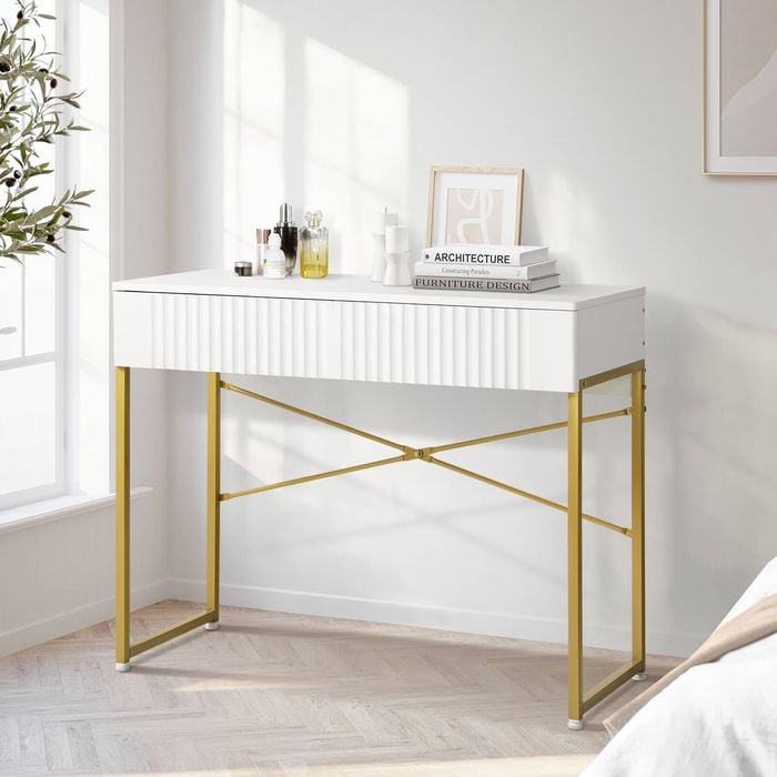 slim fit dress slacks Miami 3 Drawer White and Gold Dressing Table Including Mirror – Time4Sleep
