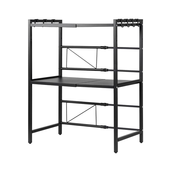 Artiss 2-Tier Kitchen Bakers Rack 40-60CMX78CM with Hooks Adjustable Metal Microwave Stand Black