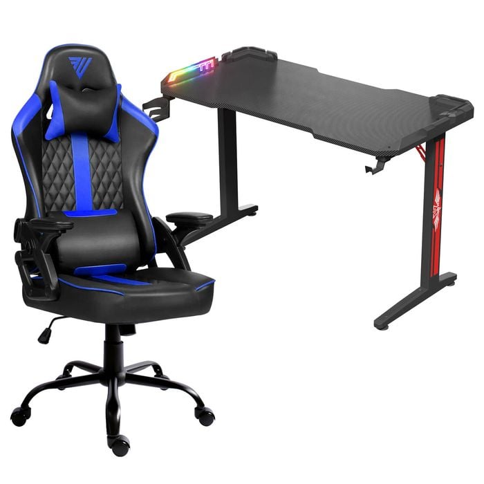 Advwin 120cm Black Gaming Desk RGB LED Light & Gaming Chair Black & Blue