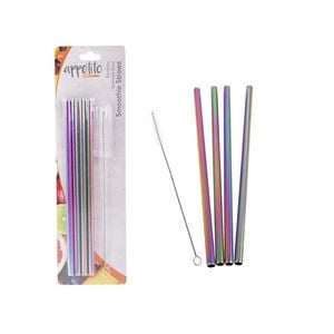 Appetito Set 4 Metallic Rainbow Straight Stainless Steel Straws + Cleaning Brush