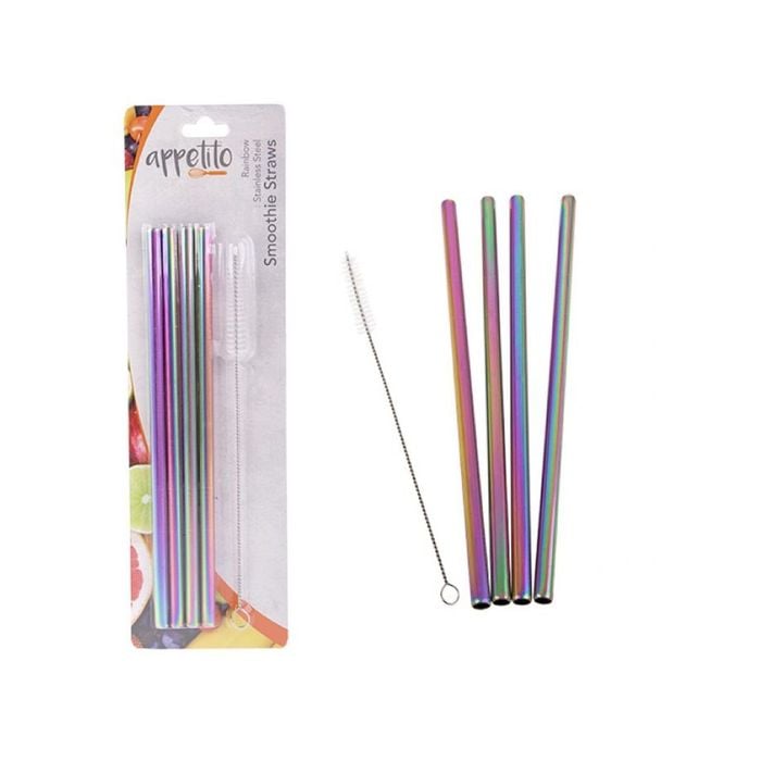 Appetito Set 4 Metallic Rainbow Straight Stainless Steel Straws + Cleaning Brush