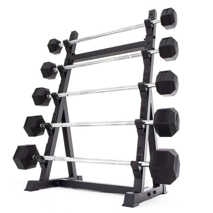 SMAI Fixed Barbell Set & Rack - Rubber Hex Pump Bar - Black