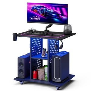 Advwin 80cm LED Gaming Desk w/ Power Outlets Rolling Computer Desk w/ Wheels Mobile Computer Cart w/ Pegboards Black