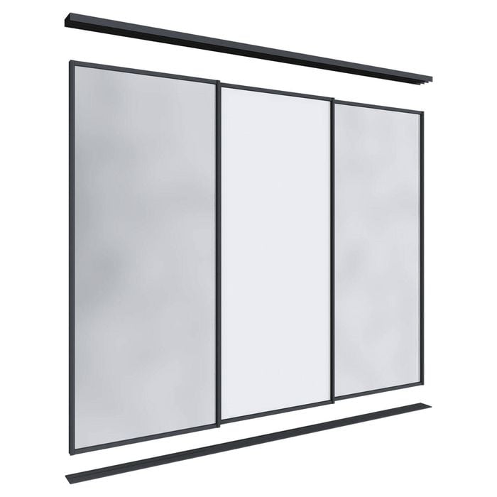 Lugna 2100 x 1801-2700mm Black 2 Mirror 1 Melamine Wardrobe Triple Sliding Doors