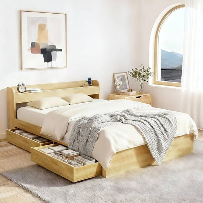 HOMFURN Queen Bed Frame with Storage Headboard, USB Ports & 2 Drawers, Natural Wood Finish, 300kg Capacity