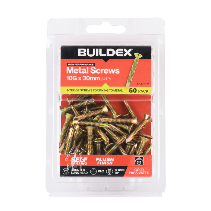 Buildex 10G x 30mm Gold Passivated Sheet Metal Screws - 50 Pack
