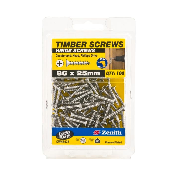 Zenith 8g x 25mm Chrome Plated Hinge Timber Screw - 100 Pack