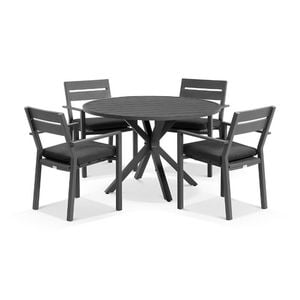 Houston Outdoor 1.2m Round Aluminium Dining Setting Charcoal With 4 Santorini Chairs & Denim Grey Cushions