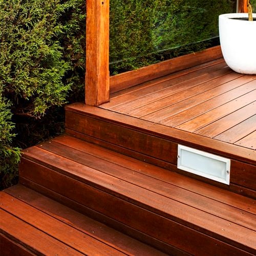 Merbau decked stairs with shrub edging
