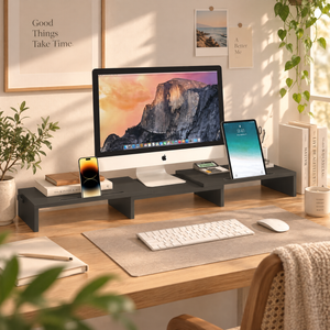 Ufurniture Dual Monitor Stand Riser Wood Adjustable Black