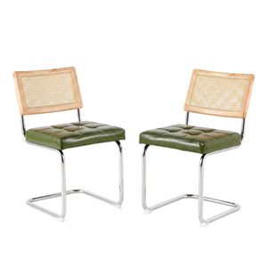 Rattan Cane Back Dining Chair, Tufted Upholstered Seat with Chrome Cantilever Frame, Wooden Backrest Frame