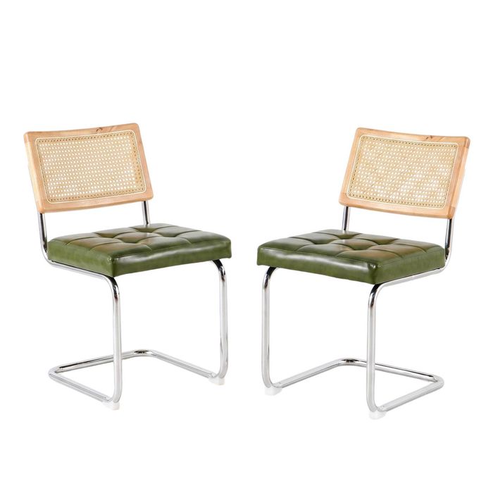 Rattan Cane Back Dining Chair, Tufted Upholstered Seat with Chrome Cantilever Frame, Wooden Backrest Frame