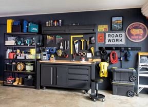 Garage with shelving and storage