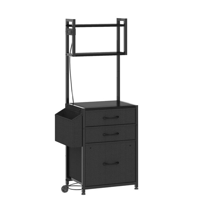 Ufurniture Tall 115cm Filing Cabinet With 3 Drawer & 2-tier Shelves, File Cabinet With Power Outlet & Side Bag Black