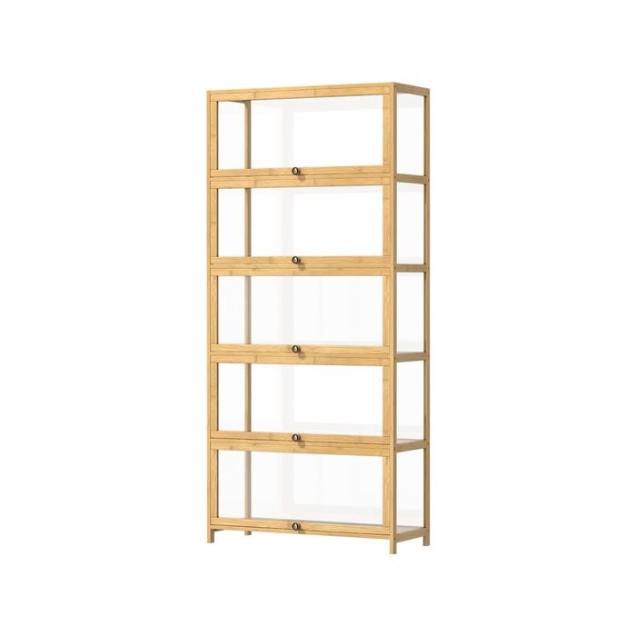 Oikiture Display Cabinet Bamboo Storage 5-Tier Shelves Clear Natural