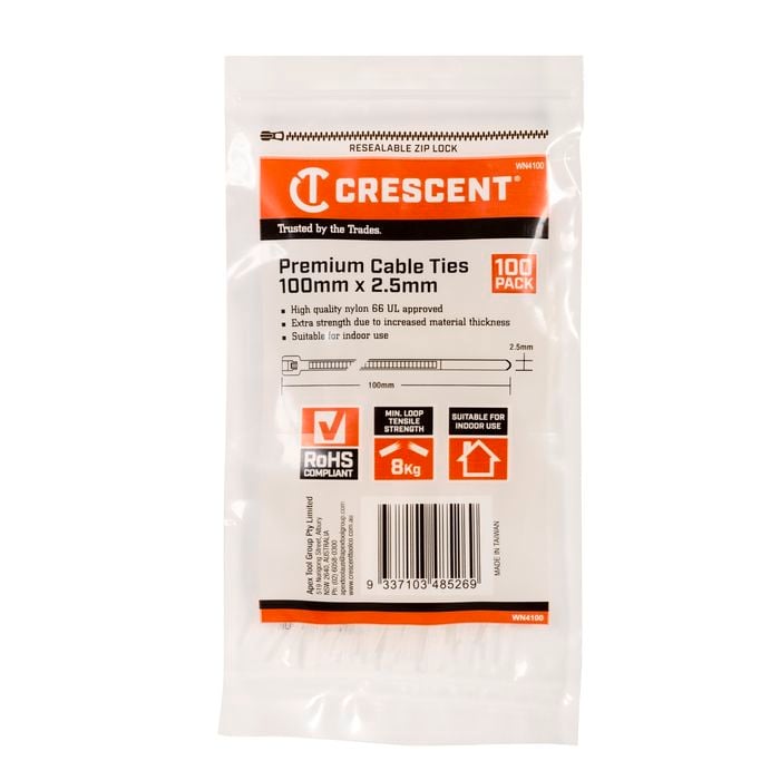 Crescent 100mm x 2.5mm Natural Premium Cable Ties - 100 Pack