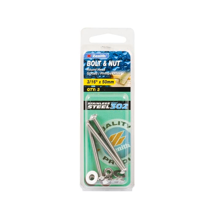 Zenith 3/16" x 50mm Stainless Steel Round Head Bolt And Nut - 3 Pack