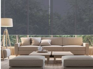 Modern living room with a semi-transparent window blind