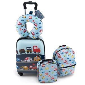 Costway 5pcs Kids Carry-on Luggage Set Blue W/neck Pillow Lunch Bag Name Tag