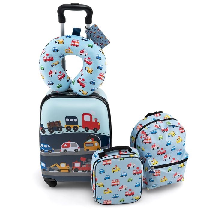 Costway 5pcs Kids Carry-on Luggage Set Blue W/neck Pillow Lunch Bag Name Tag