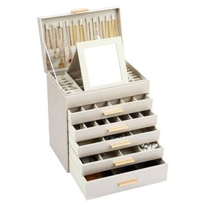 CARLA HOME  6-Layer Large Jewelry Organizer Box for Women with Mirror, Drawers, Hooks & Dividers (White)