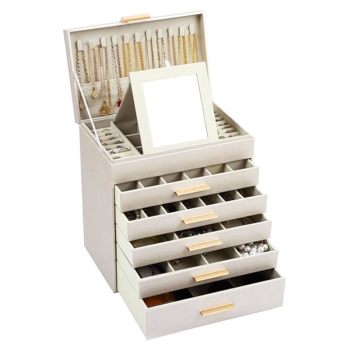 CARLA HOME  6-Layer Large Jewelry Organizer Box for Women with Mirror, Drawers, Hooks & Dividers (White)