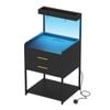 Ufurniture Side Table with Charging Station and LED Lights Bedside Table Black Nightstand 2 Drawers and Open Shelves