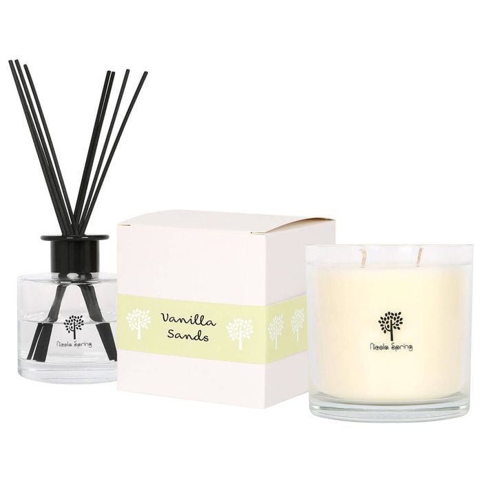Nicola Spring Soy Wax Scented Candle & Reed Diffuser Set - Vanilla Sands 400g Candle 45 Hour Burn & 200ml Diffuser 60 Day Scent