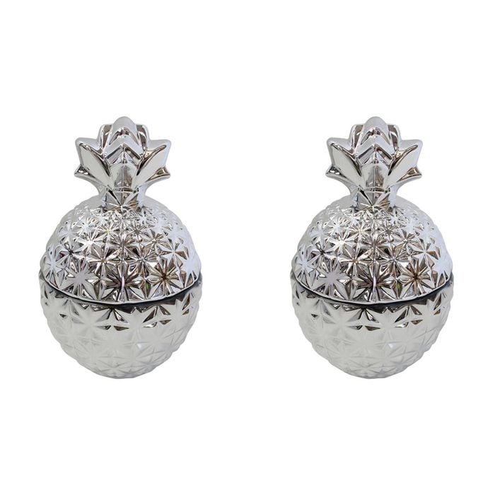 2PK LVD Glass Pine Trinket Box Storage Decor Round 14cm - Silver