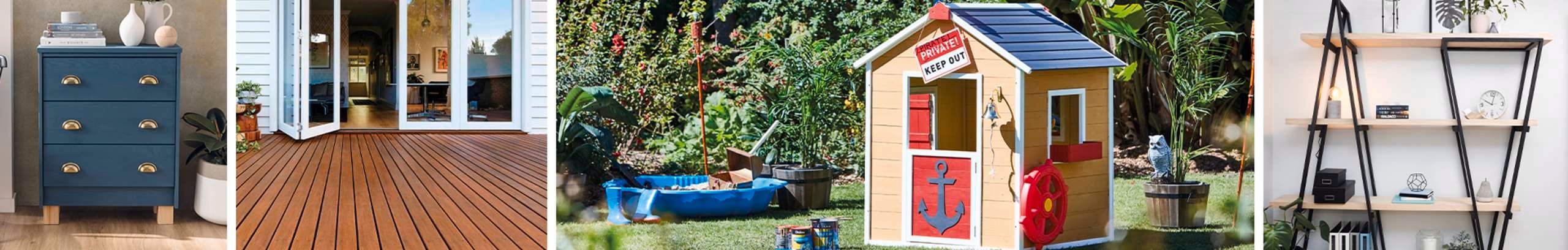 Four images side by side. From Left to right: a dresser painted blue, outdoor deck, a kids cubby house set in backyard and an a frame style shelf with wooden shelves and black metal frame