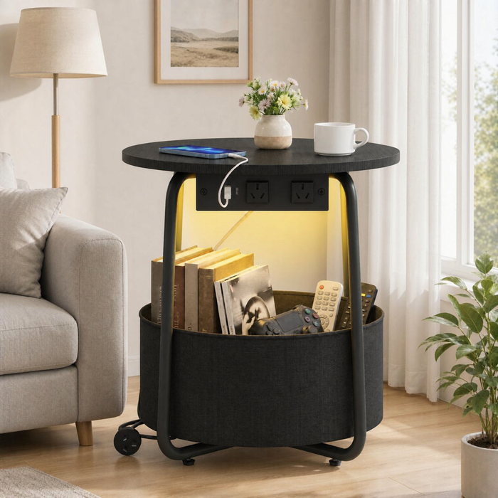 Ufurniture Round Side Table with Charging Station and Storage Basket Sofa End Table Black