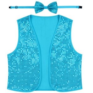 Adult Unisex SEQUIN BOW TIE & VEST Dance Costume Party Sparkle Set in Light Blue