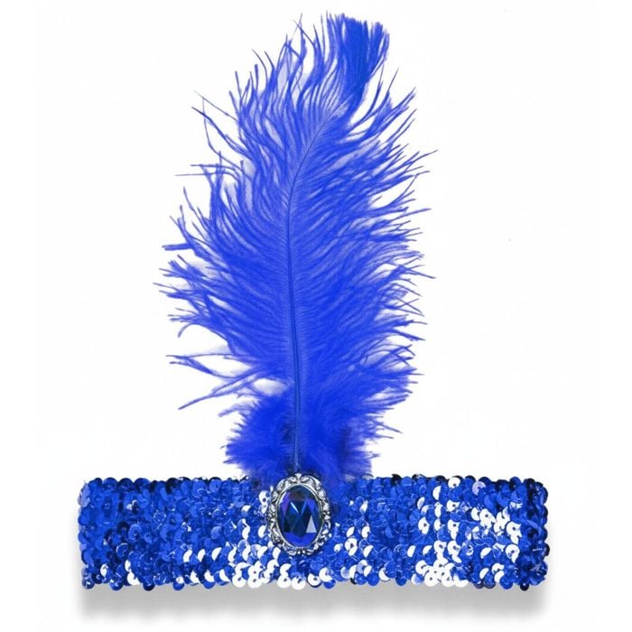 WIDE FLAPPER HEADBAND Feather Sequin Costume Gatsby Charleston Headpiece 1920s Blue