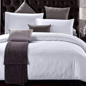 CottonMore 100% Cotton 650TC 1cm Sateen Striped White Quilt Cover Set - Single
