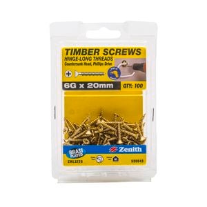 Zenith 6G x 20mm Brass Plated Hinge-Long Thread Countersunk Head Timber Screws - 100 Pack