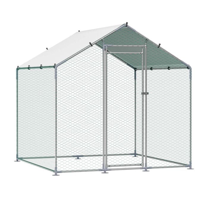 VEVOR 200x200x200cm Metal Chicken Coop with Cover Spire Roof Security Lock for Backyard