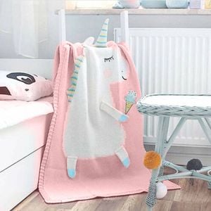 CottonMore Kids Children Cotton Knitted Blanket Unicorn Design Pram Blanket Throw - Pink