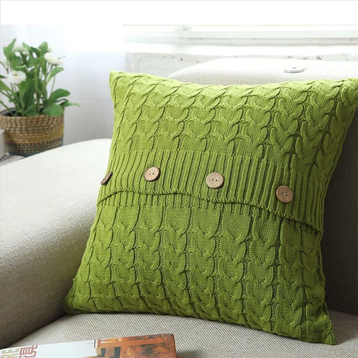 CottonMore Home Decor Knitted Cushion Cover Twisted stripes w buttons Green 45x45cm