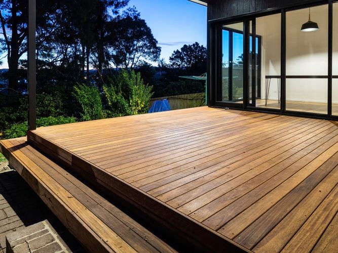 Spotted
  Gum deck lit up in the evening.