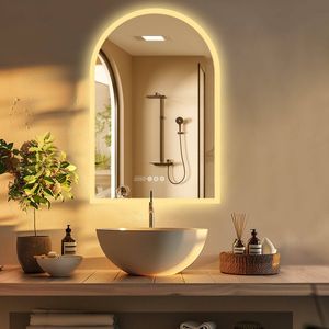 OAKORY 90cm Arched LED Bathroom Mirror with Date Time Temperature Display Anti-Fog