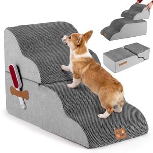 Costway 2-in-1 Pet Ramp 4 Steps Foam Dog Stairs W/lint Roller Grey