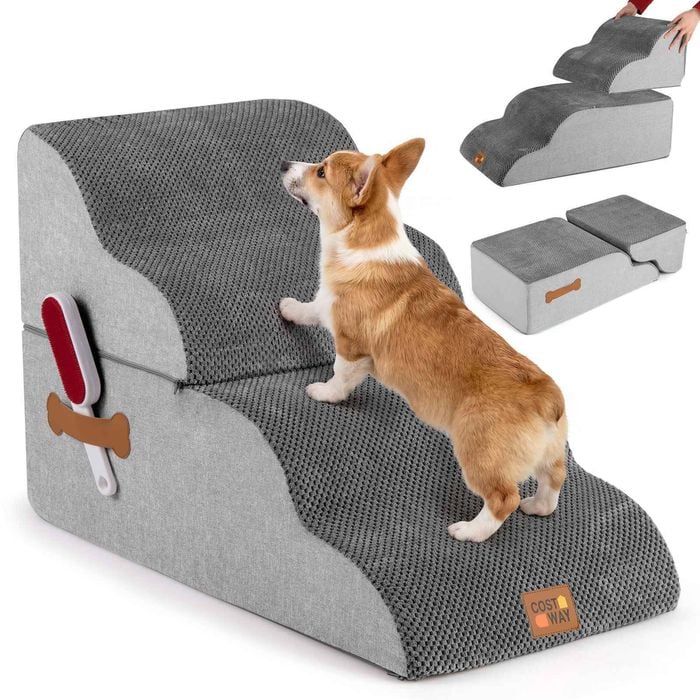 Costway 2-in-1 Pet Ramp 4 Steps Foam Dog Stairs W/lint Roller Grey