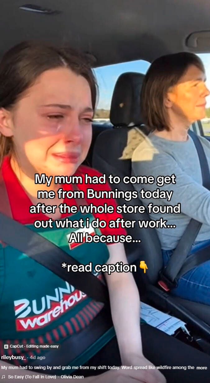 A Bunnings Team Member and a lady sitting in a car with white writing on the image.