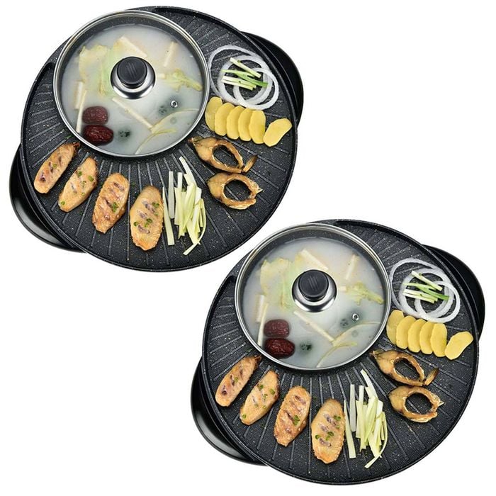 SOGA 2 Pack Round 2-in-1 Electric BBQ Grills with Built-In Hot Pots