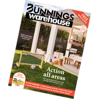 Bunnings Warehouse August 2026 magazine cover featuring a backyard family activity zone with a mini soccer goal, toy-toss box and dog on a covered patio. Cover headline reads “Action all areas: Set up zones for fun and games this Father’s Day,” with additional features including gift ideas for Dad, landscaping trends and a bonus indoor style guide.